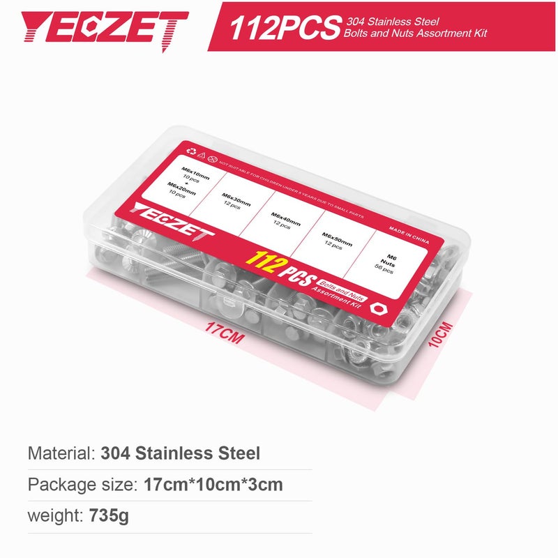 YEEZET 112PCS M6 Stainless Steel 304 Flanged Hex Head Bolts and Nuts kit 10mm 20mm 30mm 40mm 50mm - Image 2